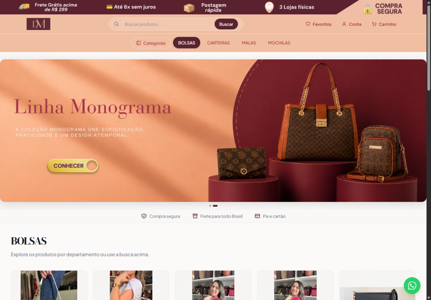 Loja Daiane Medina feita com a Voti, com banner da coleção Monograma, busca, categorias e catálogo de bolsas.